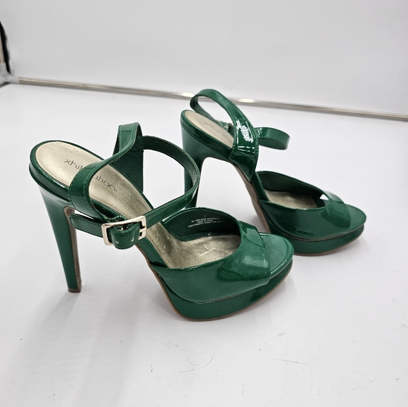 Xhileration Green Faux Patent Leather Platform Open Toed Heels sz 7 NEW - Picture 2 of 6
